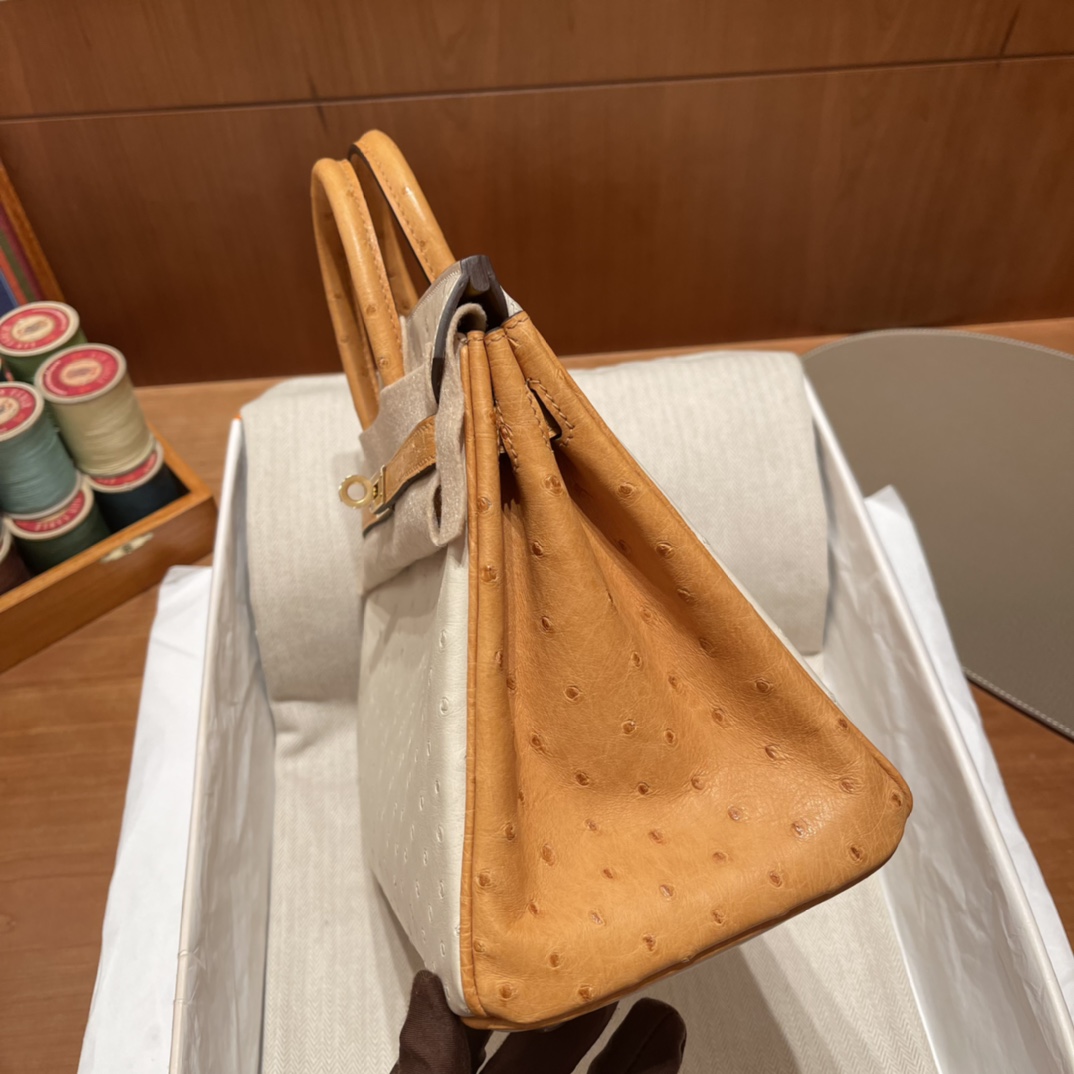 HERMES 爱马仕 Birkin 25cm 鸵鸟皮Ostrich 3C 羊毛白/1H 太妃金 绝美拼色