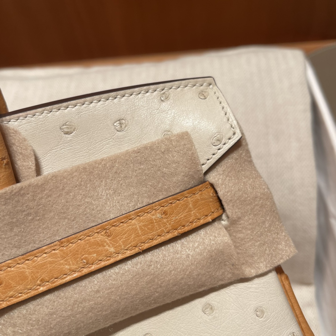 HERMES 爱马仕 Birkin 25cm 鸵鸟皮Ostrich 3C 羊毛白/1H 太妃金 绝美拼色
