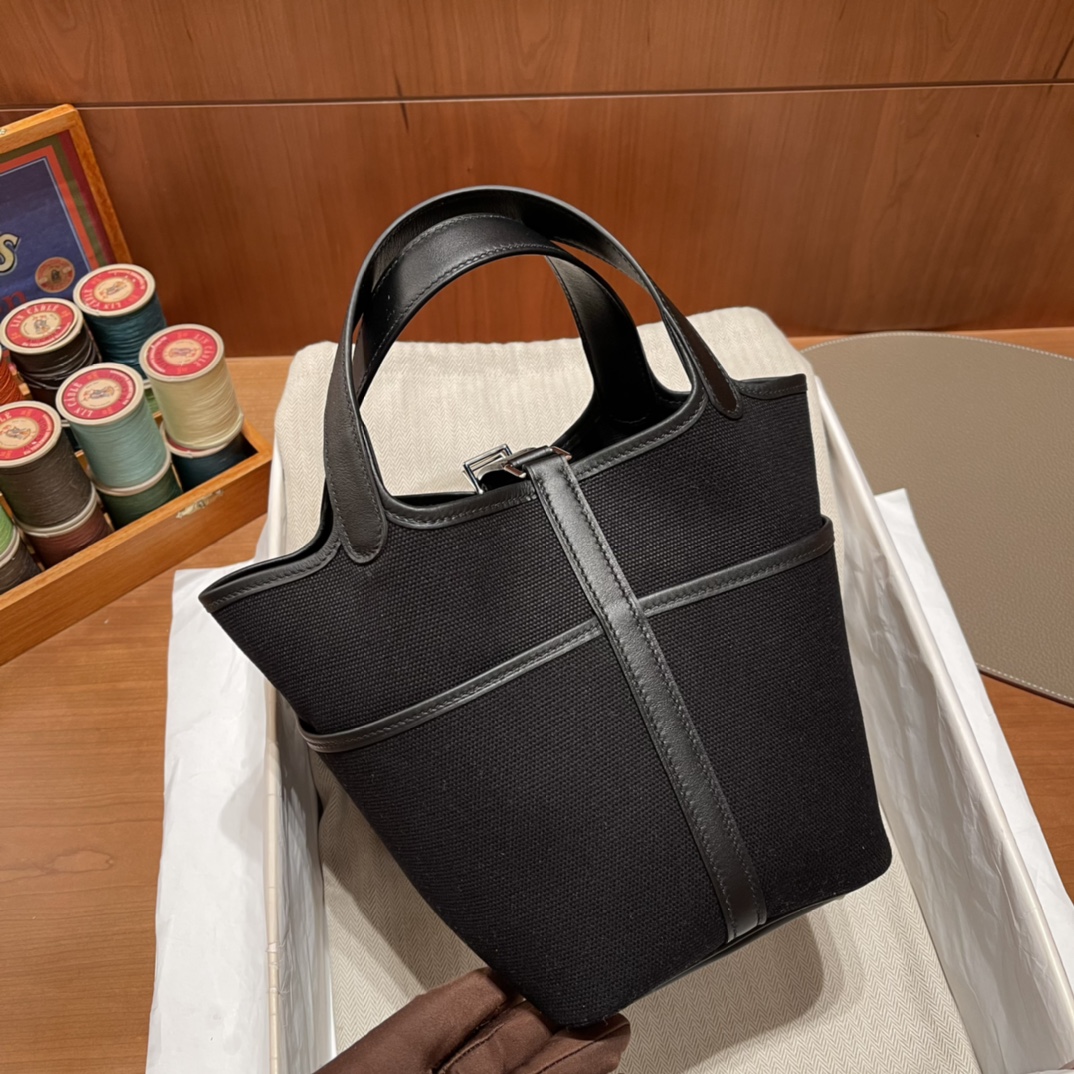 HERMES 爱马仕 Cargo picotin 拼帆布 CC89 Nior 经典黑 进口蜜蜡线 全手工制作