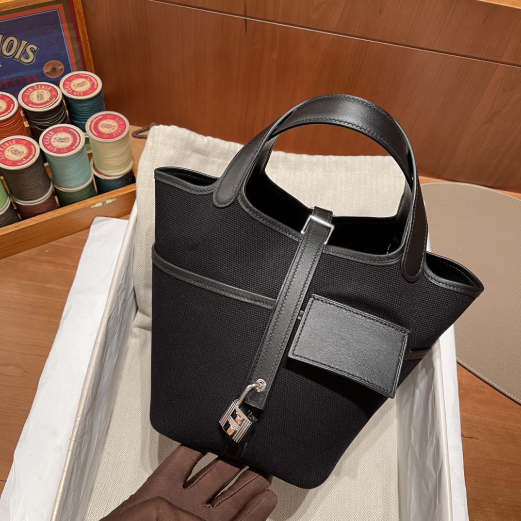 HERMES 爱马仕 Cargo picotin 拼帆布 CC89 Nior 经典黑 进口蜜蜡线 全手工制作