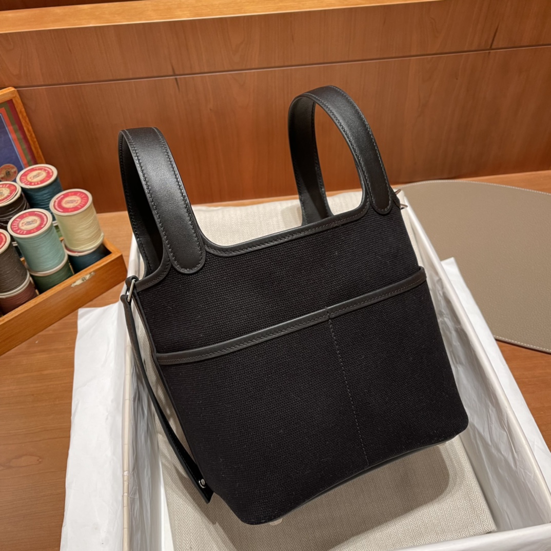 HERMES 爱马仕 Cargo picotin 拼帆布 CC89 Nior 经典黑 进口蜜蜡线 全手工制作