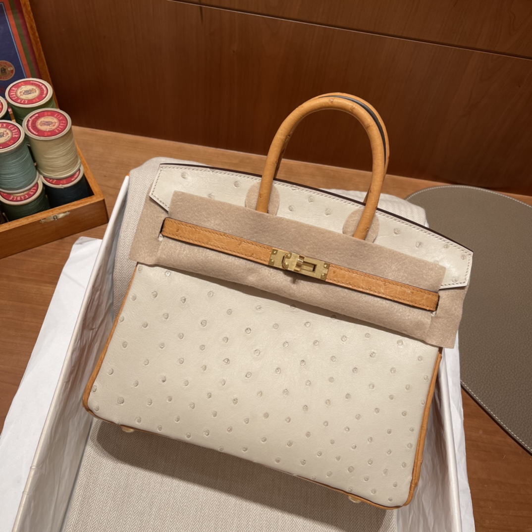 HERMES 爱马仕 Birkin 25cm 鸵鸟皮Ostrich 3C 羊毛白/1H 太妃金 绝美拼色