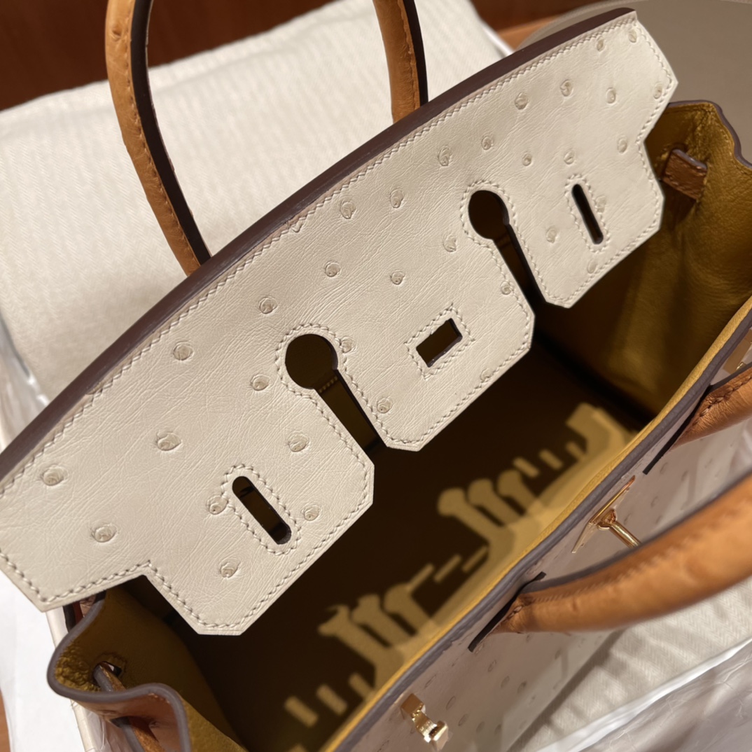 HERMES 爱马仕 Birkin 25cm 鸵鸟皮Ostrich 3C 羊毛白/1H 太妃金 绝美拼色