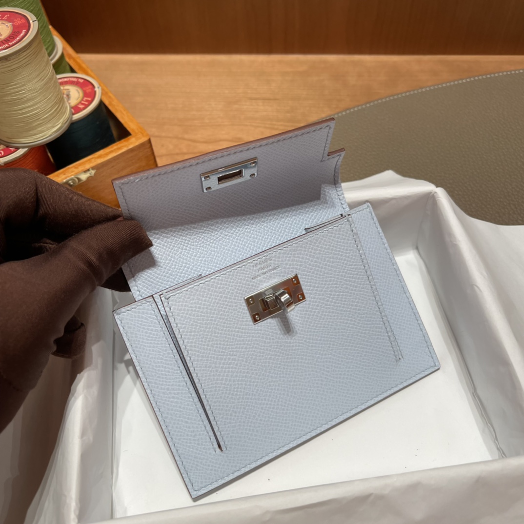 HERMES 爱马仕 Kelly Pocket 卡包 Epsom T0 雾蓝色Blue Brume️ 进口蜜蜡线 全手工制作