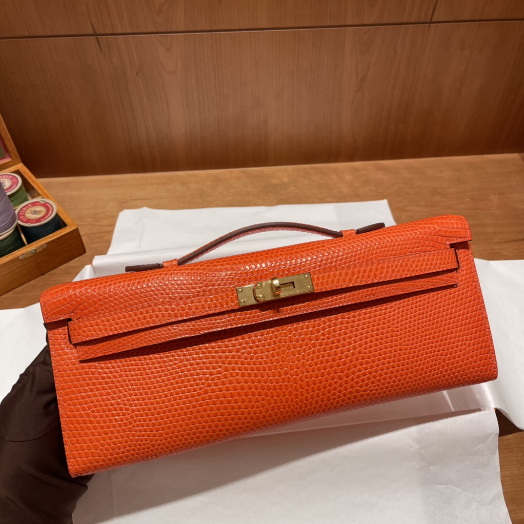HERMES 爱马仕 Kelly Cut 31cm 蜥蜴皮Lizard 9T 火焰红 进口蜜蜡线 全手工制作