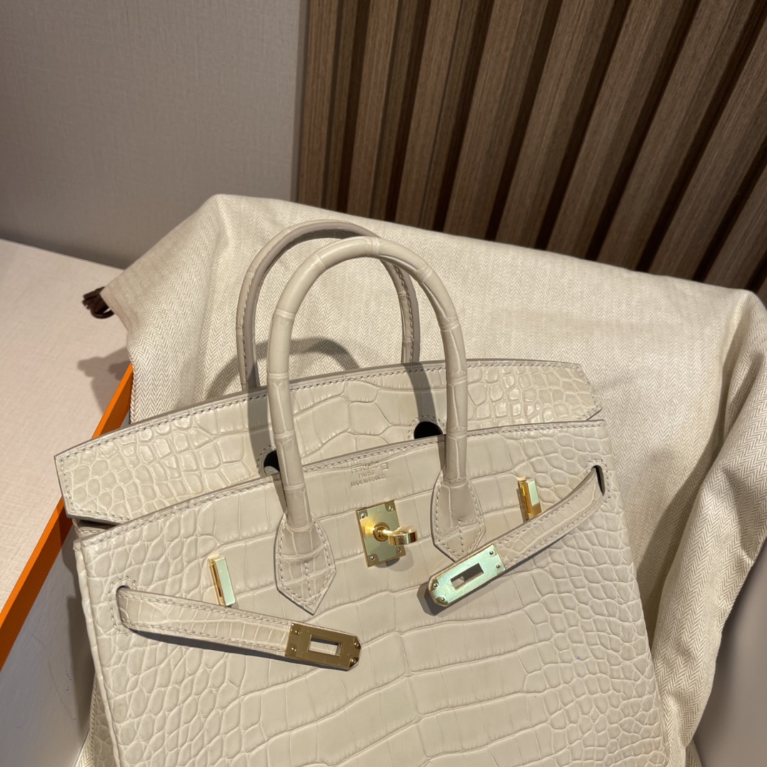 HERMES 爱马仕 Birkin 25cm 美洲鳄Alligator 雾面Matte 刻方块 8L 冰川白Beton 进口蜜蜡线 全手工制作
