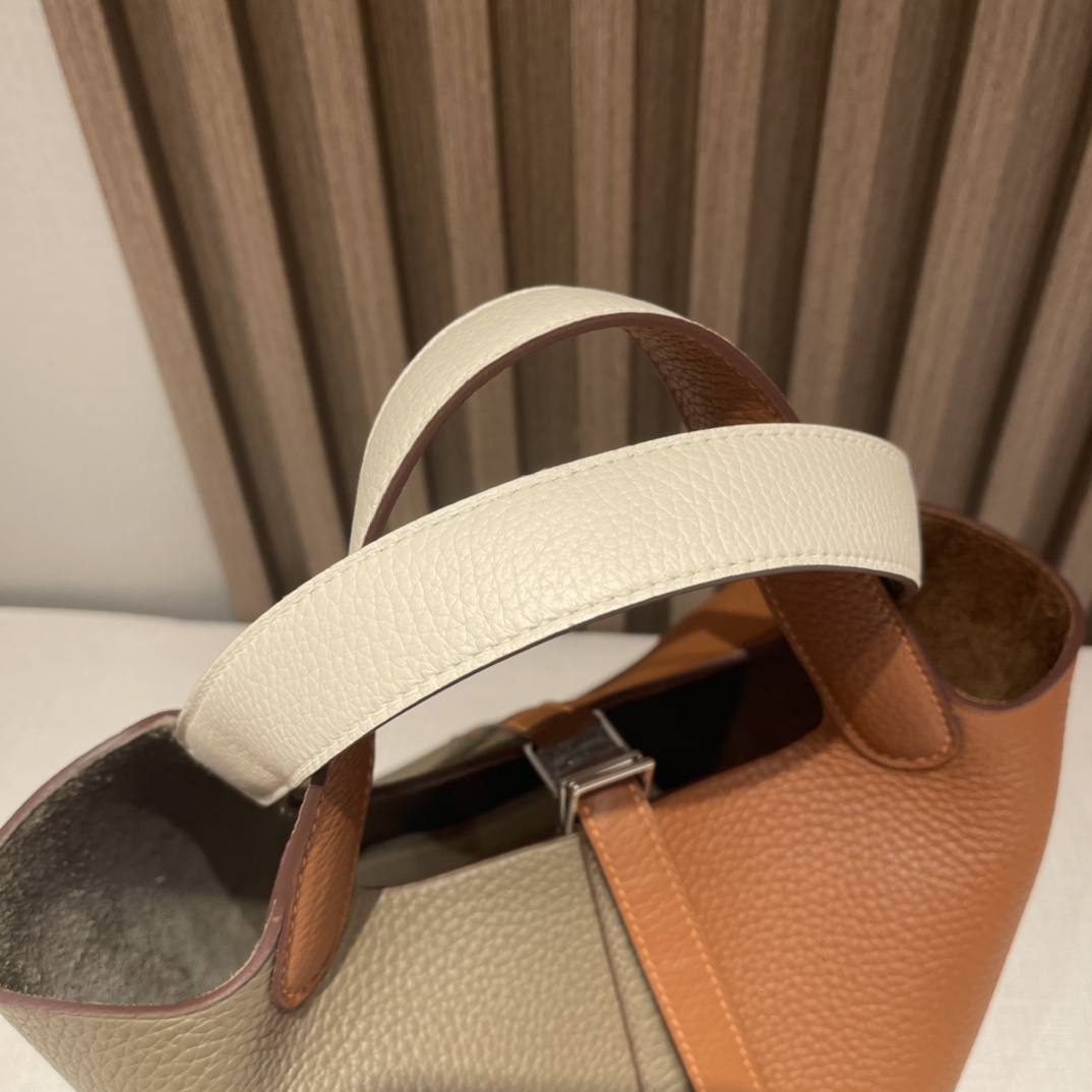 HERMES 爱马仕 Picotin Lock菜篮子 三拼色 18 大象灰/37 金棕/i2 奶油白 进口蜜蜡线 全手工制作