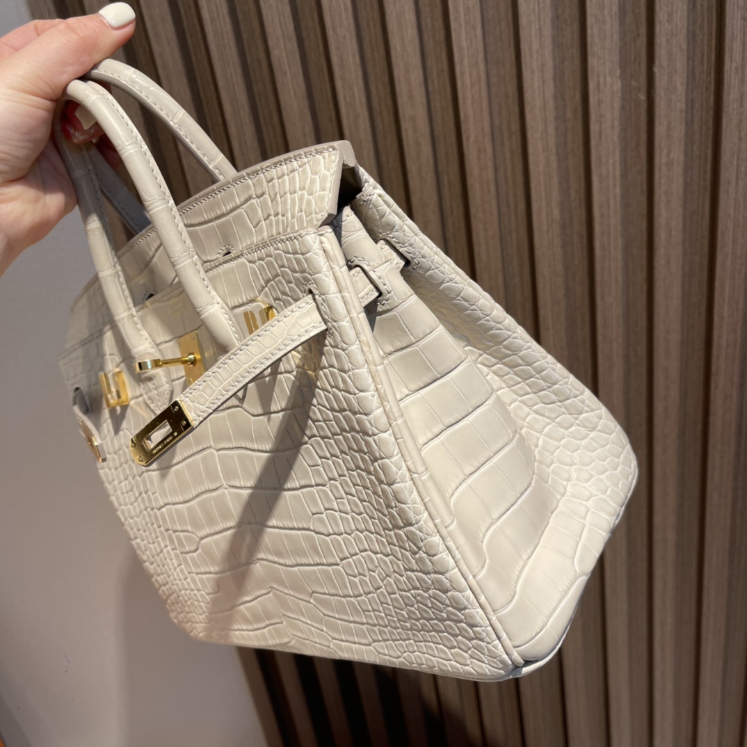 HERMES 爱马仕 Birkin 25cm 美洲鳄Alligator 雾面Matte 刻方块 8L 冰川白Beton 进口蜜蜡线 全手工制作
