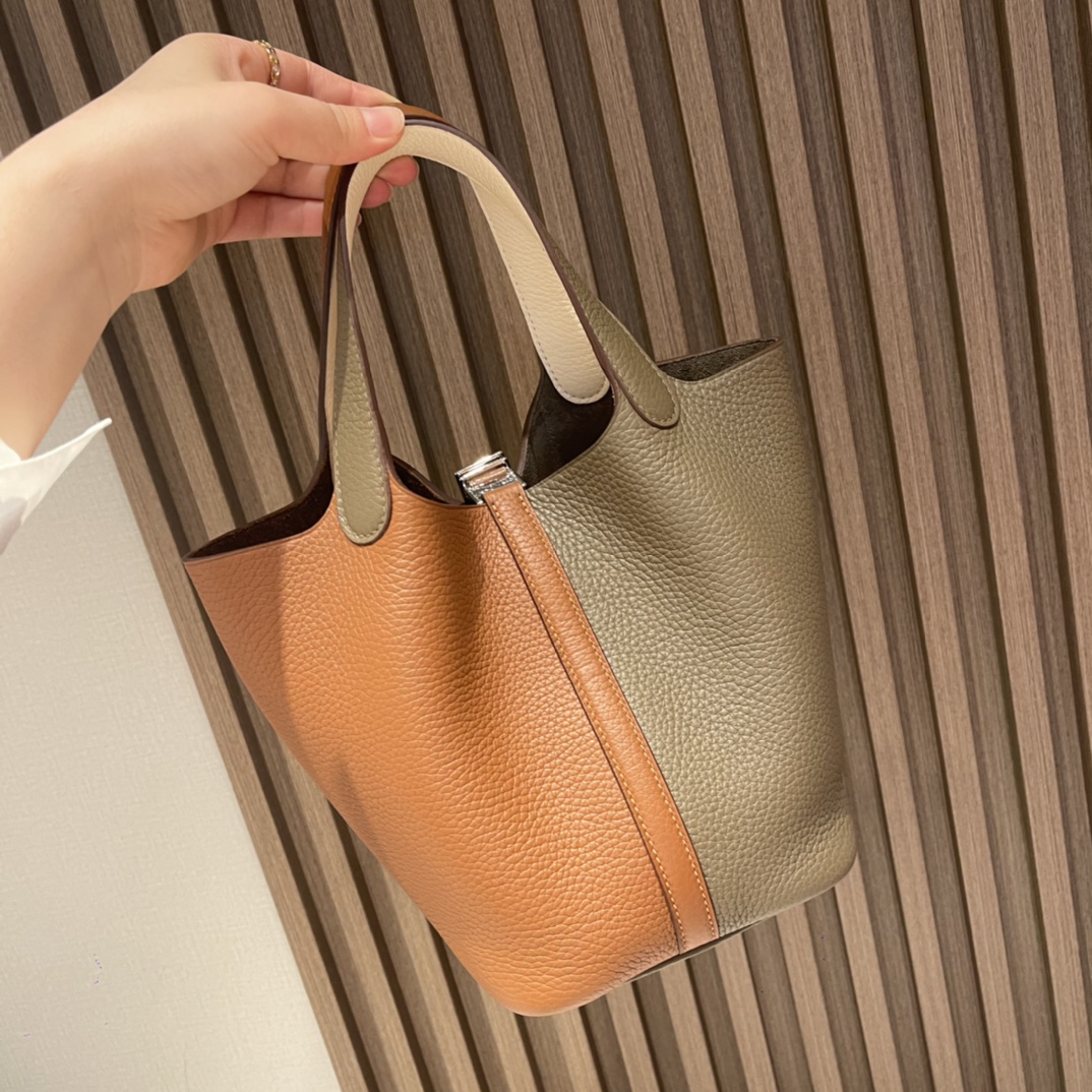 HERMES 爱马仕 Picotin Lock菜篮子 三拼色 18 大象灰/37 金棕/i2 奶油白 进口蜜蜡线 全手工制作