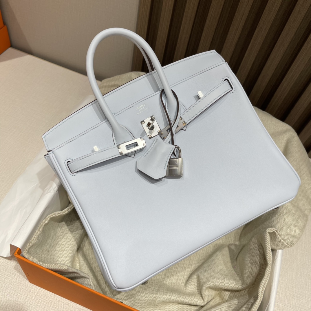 HERMES 爱马仕 Birkin 25cm swift皮 T0 雾蓝色Blue Brume 进口蜜蜡线 全手工制作