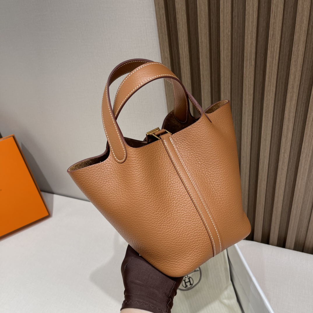 HERMES 爱马仕 Picotin Lock菜篮子 Clemence皮 37 金棕Gold 经典百搭入门款  出门就能拎 进口蜜蜡线 全手工制作