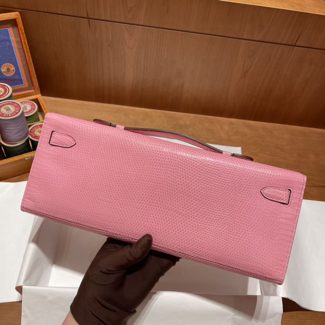 HERMES 爱马仕 Kelly Cut 31cm 蜥蜴皮Lizard 5P 樱花粉Pink 进口蜜蜡线 全手工制作