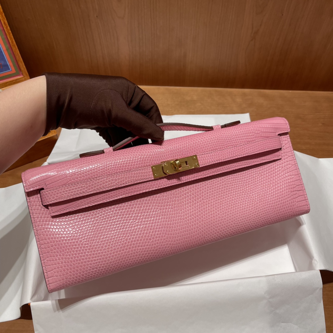 HERMES 爱马仕 Kelly Cut 31cm 蜥蜴皮Lizard 5P 樱花粉Pink 进口蜜蜡线 全手工制作
