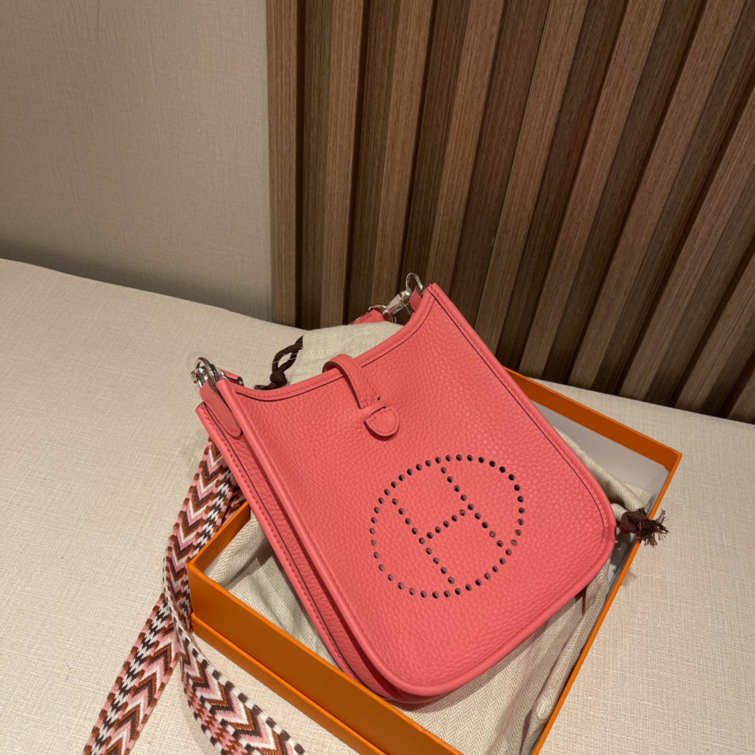 HERMES 爱马仕 Evelyne Mini 16cm Clemence皮 8W 唇膏粉Rose Azalee 夏季小可爱 进口蜜蜡线 全手工制作