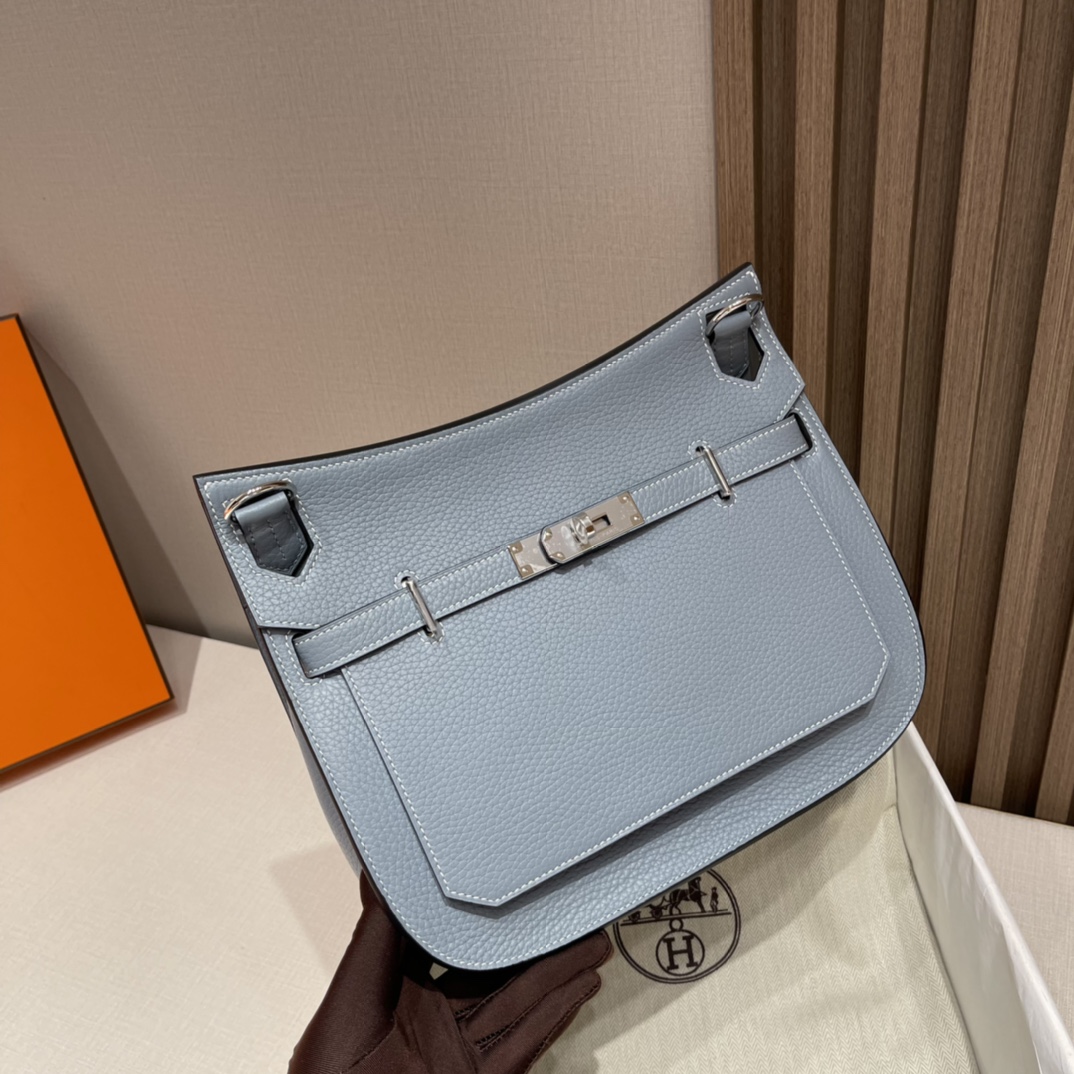 HERMES 爱马仕 Jypsiere吉普赛 28cm Clemence皮 J7 Bleu Un亚麻蓝 进口蜜蜡线 全手工制作