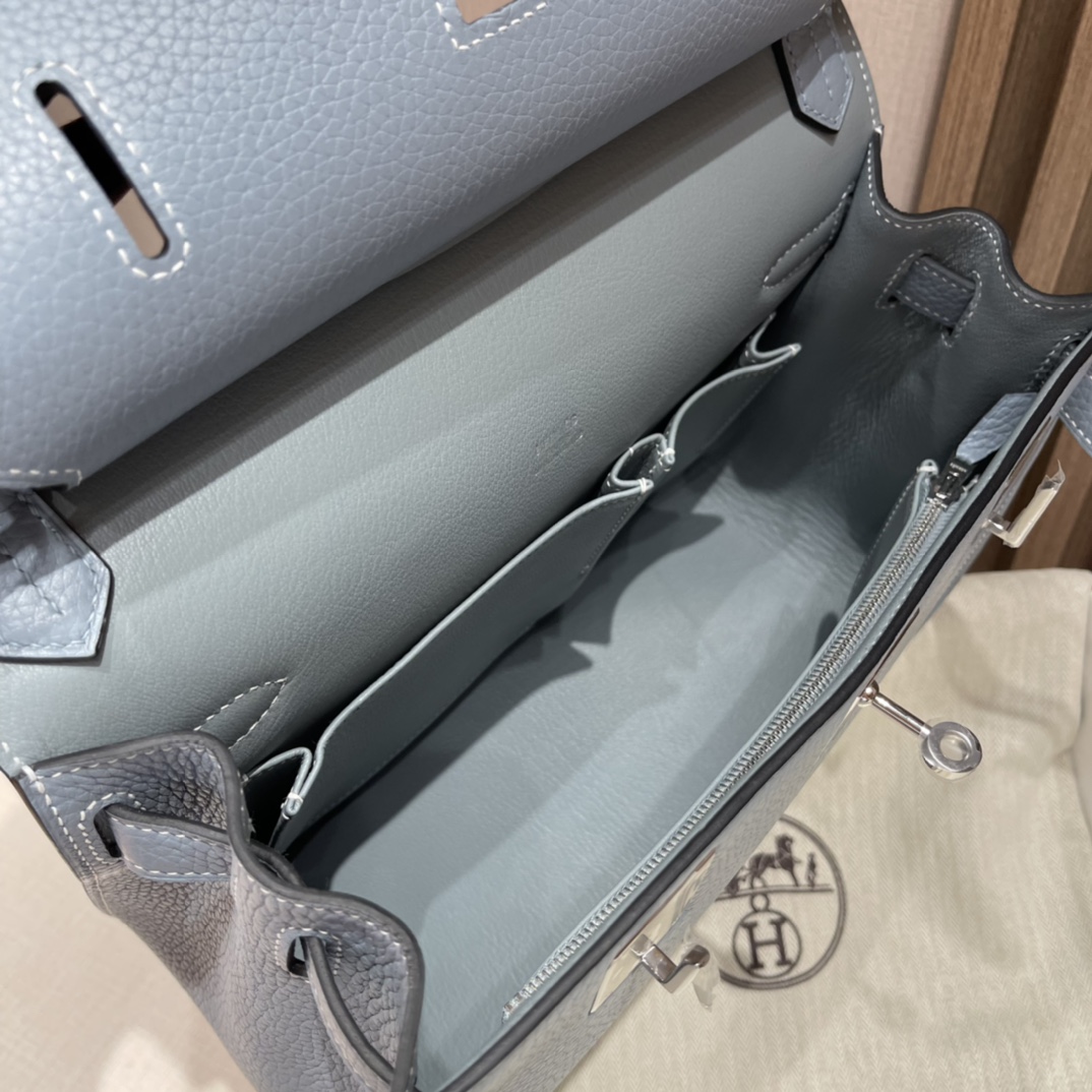 HERMES 爱马仕 Jypsiere吉普赛 28cm Clemence皮 J7 Bleu Un亚麻蓝 进口蜜蜡线 全手工制作