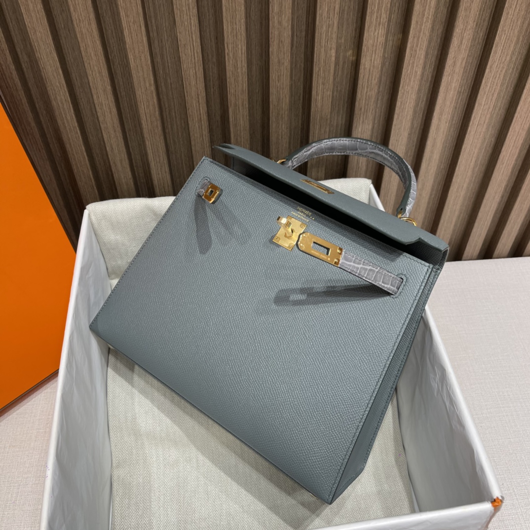 HERMES 爱马仕 Kelly Touch 25cm Epsom皮/亮面尼罗鳄 刻两点•• 74 Bleu Roi蓝灰色  拼鳄鱼又多了一份精致 进口蜜蜡线 全手工制作