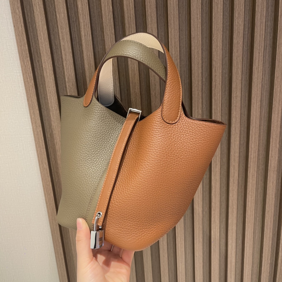 HERMES 爱马仕 Picotin Lock菜篮子 三拼色 18 大象灰/37 金棕/i2 奶油白 进口蜜蜡线 全手工制作