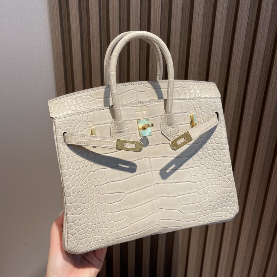 HERMES 爱马仕 Birkin 25cm 美洲鳄Alligator 雾面Matte 刻方块 8L 冰川白Beton 进口蜜蜡线 全手工制作