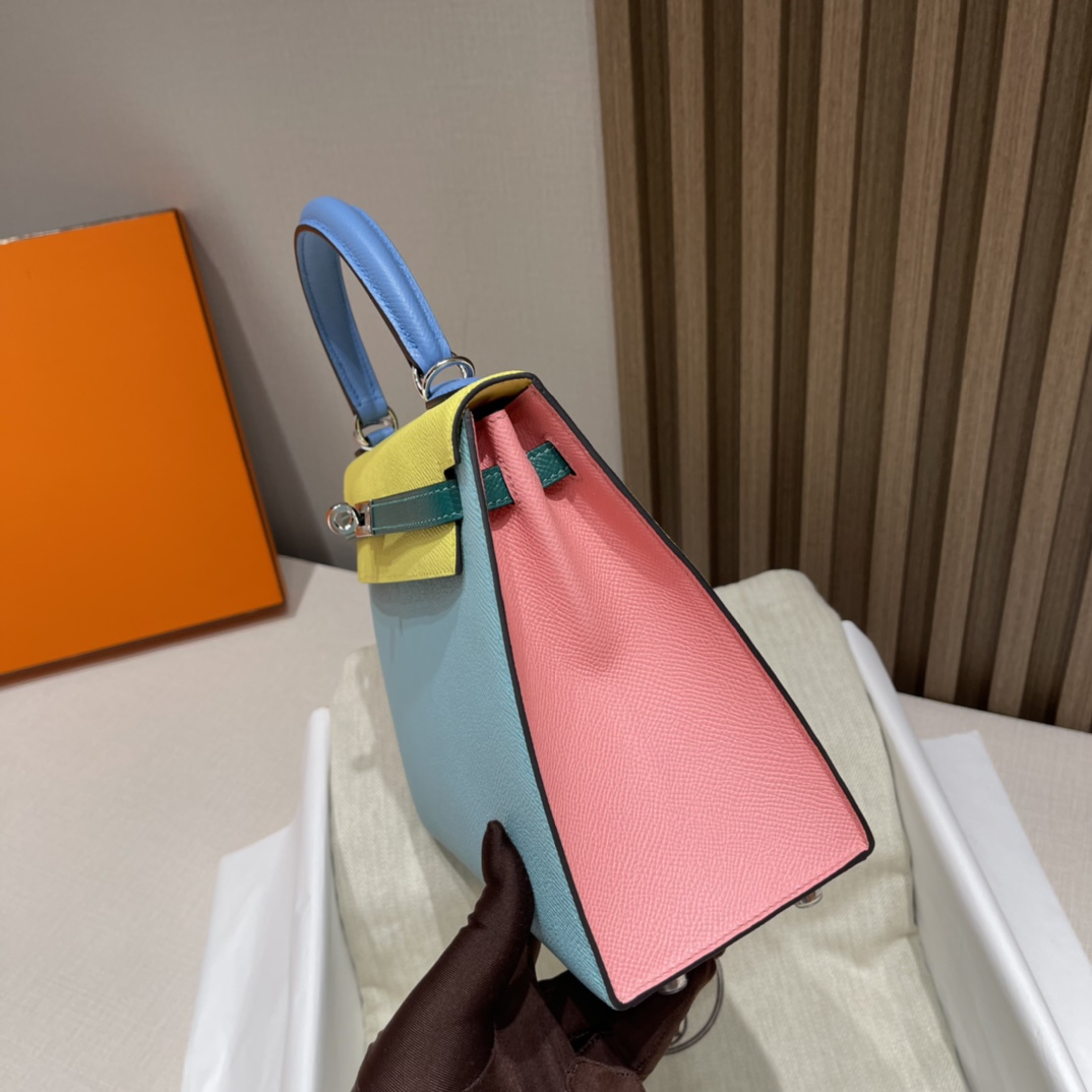 HERMES 爱马仕 Kelly 25cm Epsom皮 五拼色 3P 马卡龙蓝/1Q 奶昔粉/9R 柠檬黄/2T 天堂蓝/Z6 孔雀绿 进口蜜蜡线 全手工制作