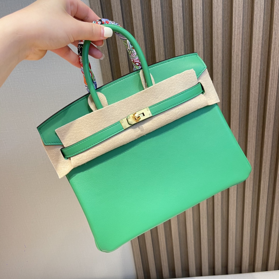 HERMES 爱马仕 Birkin 25cm swift皮 1K 竹子绿Bambou 进口蜜蜡线 全手工制作