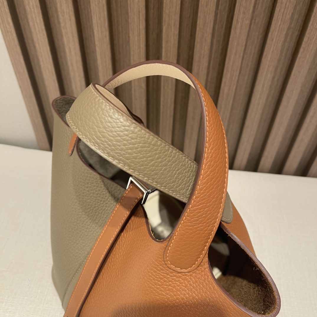 HERMES 爱马仕 Picotin Lock菜篮子 三拼色 18 大象灰/37 金棕/i2 奶油白 进口蜜蜡线 全手工制作