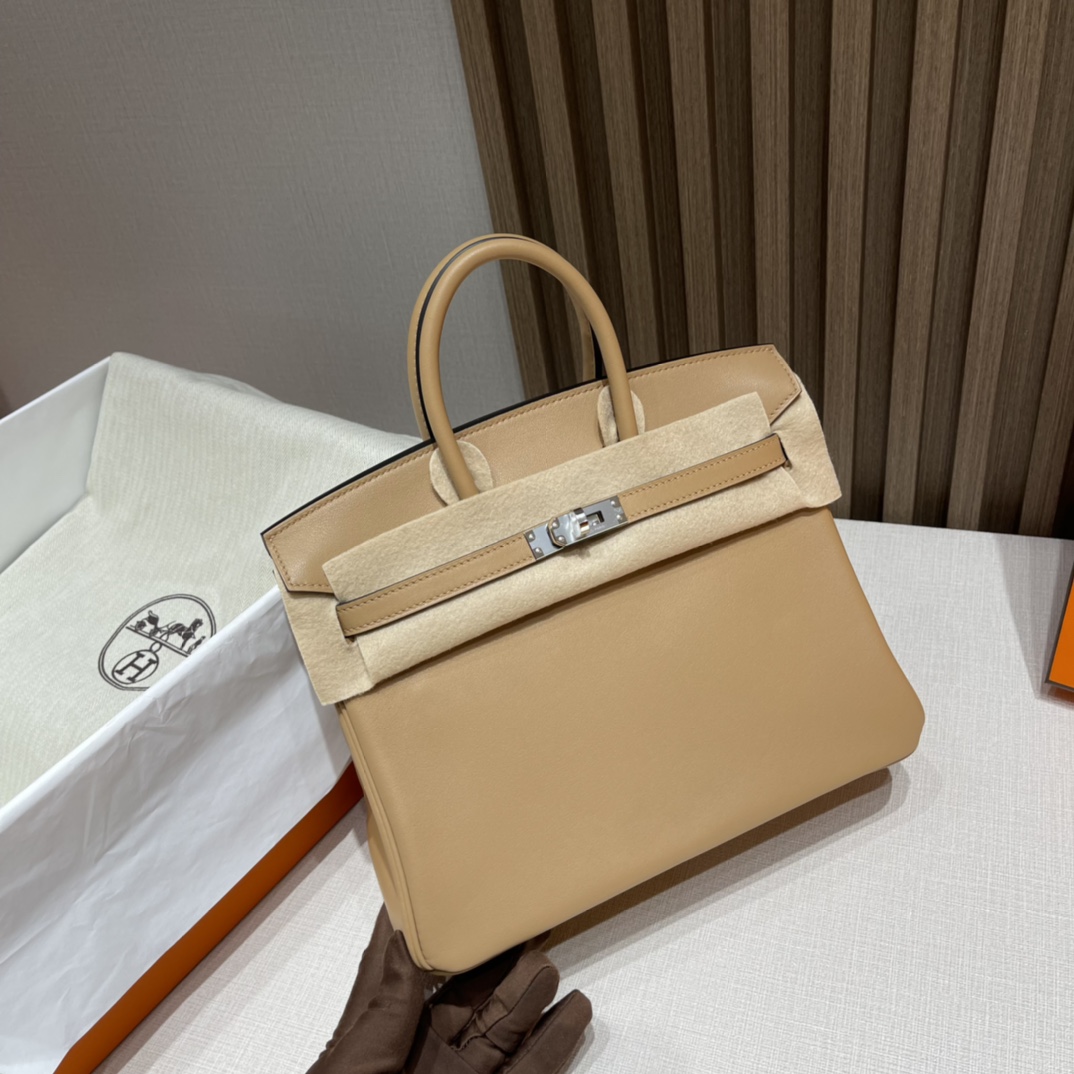 HERMES 爱马仕 Birkin 25cm swift皮 0M 温柔的拉茶色 进口蜜蜡线 全手工制作