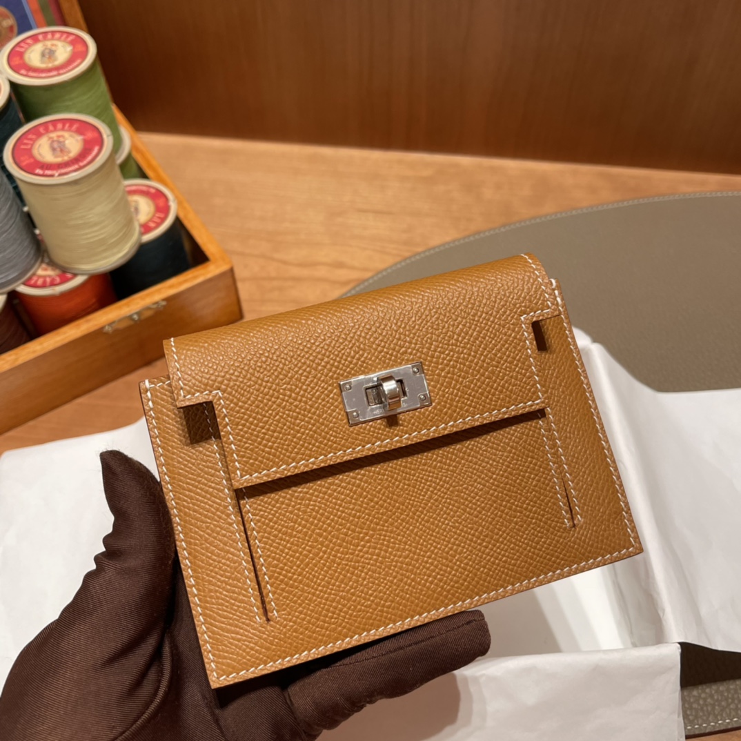 HERMES 爱马仕 Kelly Pocket 卡包 Epsom CK37金棕色 进口蜜蜡线 全手工制作