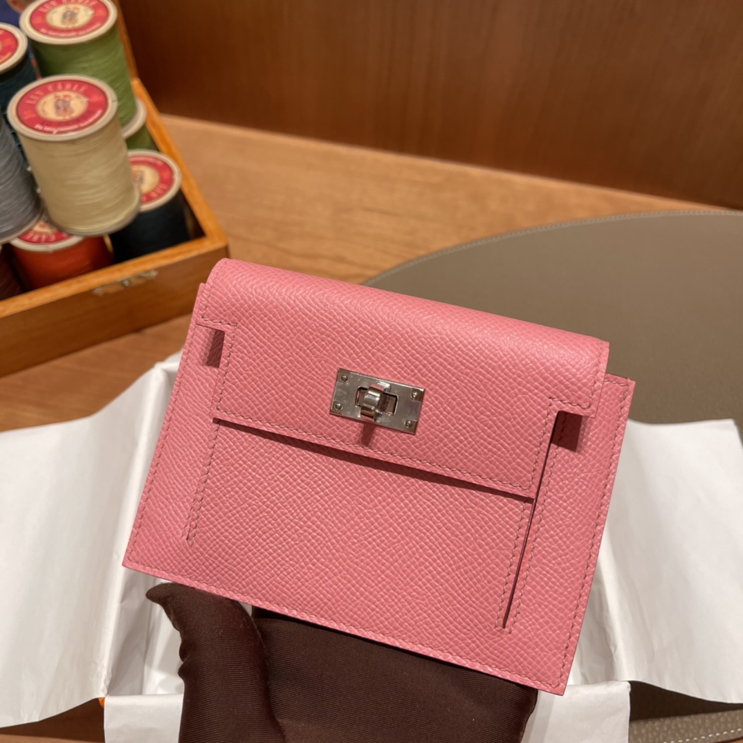 HERMES 爱马仕 Kelly Pocket 卡包 Epsom 1Q 奶昔粉 Rose Confetti 进口蜜蜡线 全手工制作