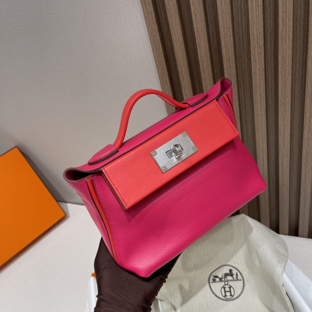 HERMES 爱马仕 Kelly2424 mini Evercolor/swift 0D 玫瑰墨西哥粉Rose Mexico/S3 心红Rouge de Coeur 进口蜜蜡线 全手工制作