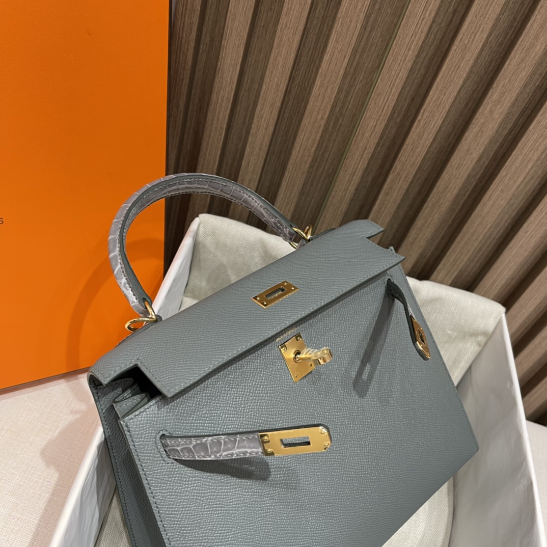 HERMES 爱马仕 Kelly Touch 25cm Epsom皮/亮面尼罗鳄 刻两点•• 74 Bleu Roi蓝灰色  拼鳄鱼又多了一份精致 进口蜜蜡线 全手工制作