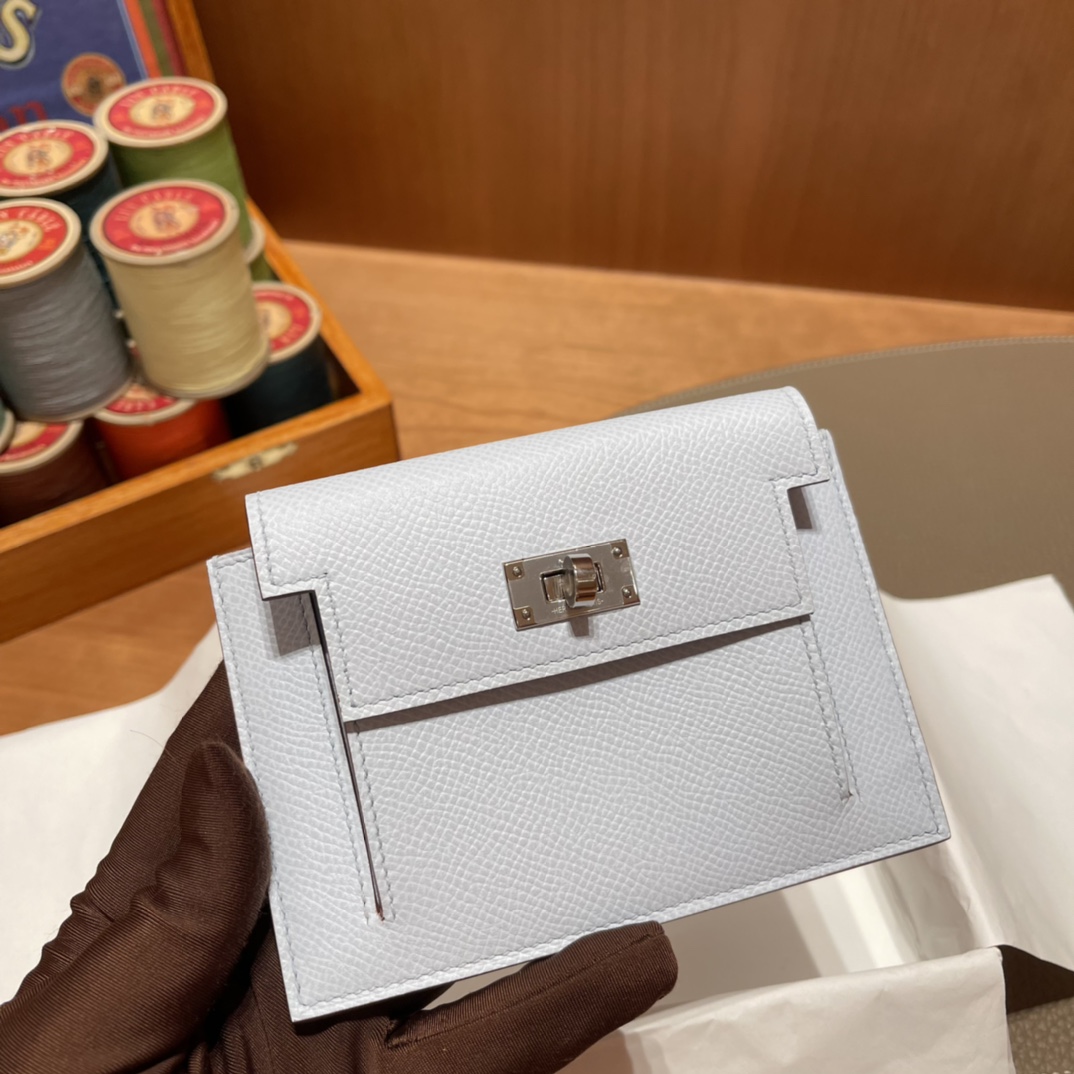 HERMES 爱马仕 Kelly Pocket 卡包 Epsom T0 雾蓝色Blue Brume️ 进口蜜蜡线 全手工制作