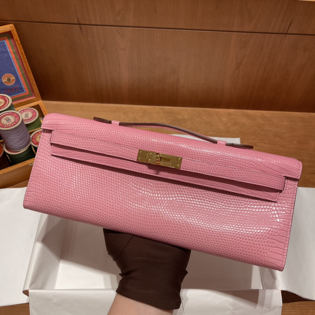 HERMES 爱马仕 Kelly Cut 31cm 蜥蜴皮Lizard 5P 樱花粉Pink 进口蜜蜡线 全手工制作