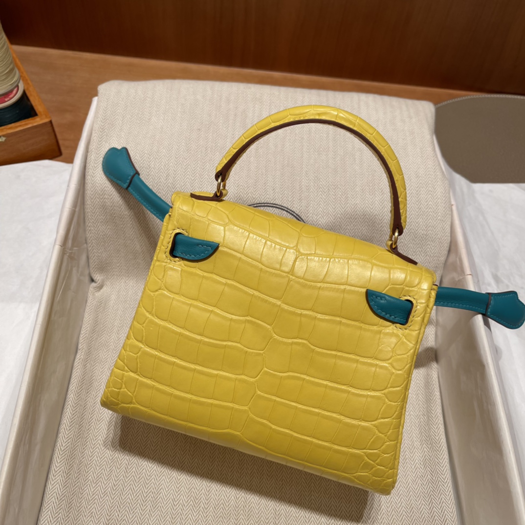 HERMES 爱马仕 Kelly Doll 娃娃包 千禧娃娃 美洲鳄Alligator 雾面Matte M9 金盏花黄/W0 博斯绿 进口蜜蜡线 全手工制作