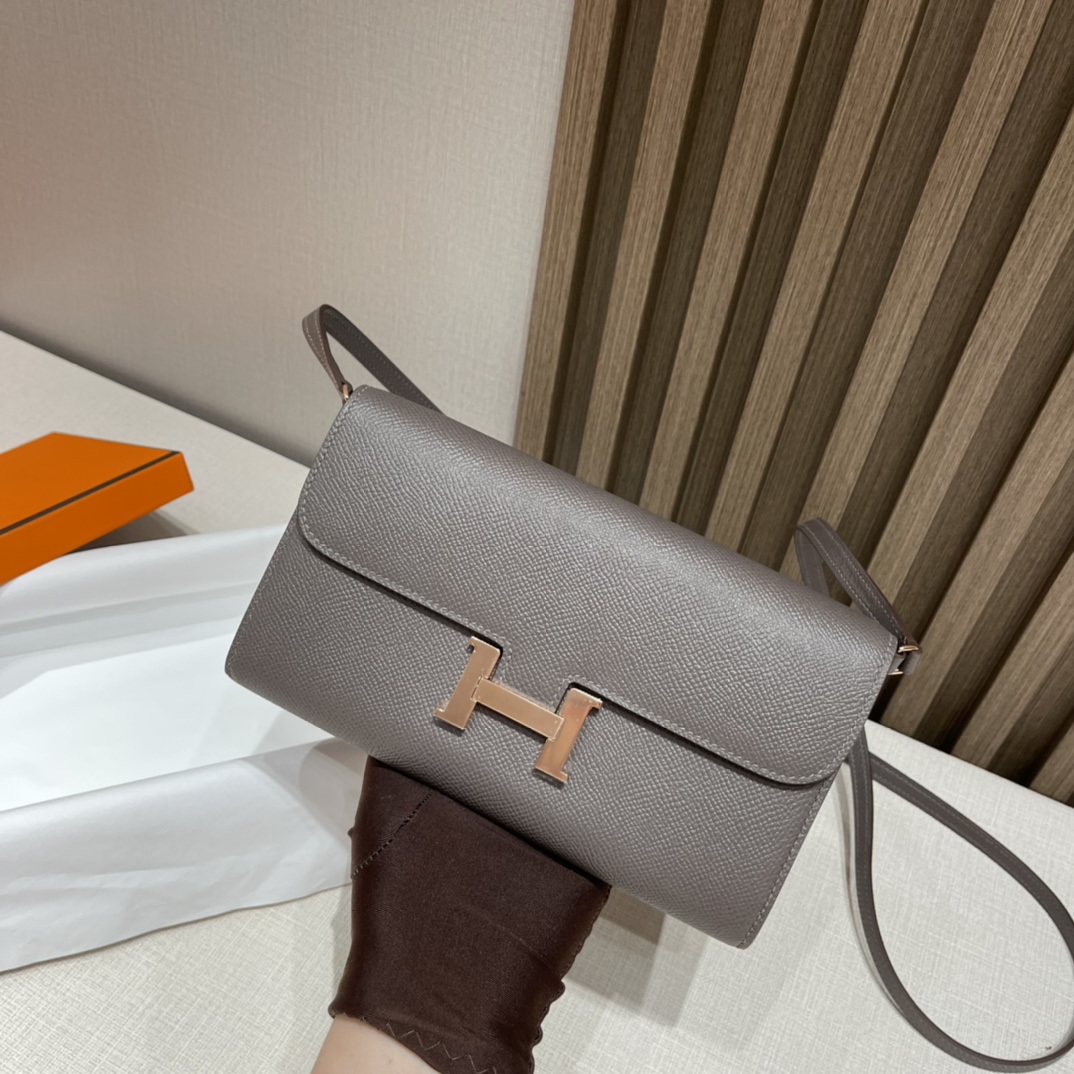 HERMES 爱马仕 Kelly to go Epsom皮 8F 锡器灰Etain 玫瑰金扣#康康/空姐 斜挎 Woc 进口蜜蜡线 全手工制作