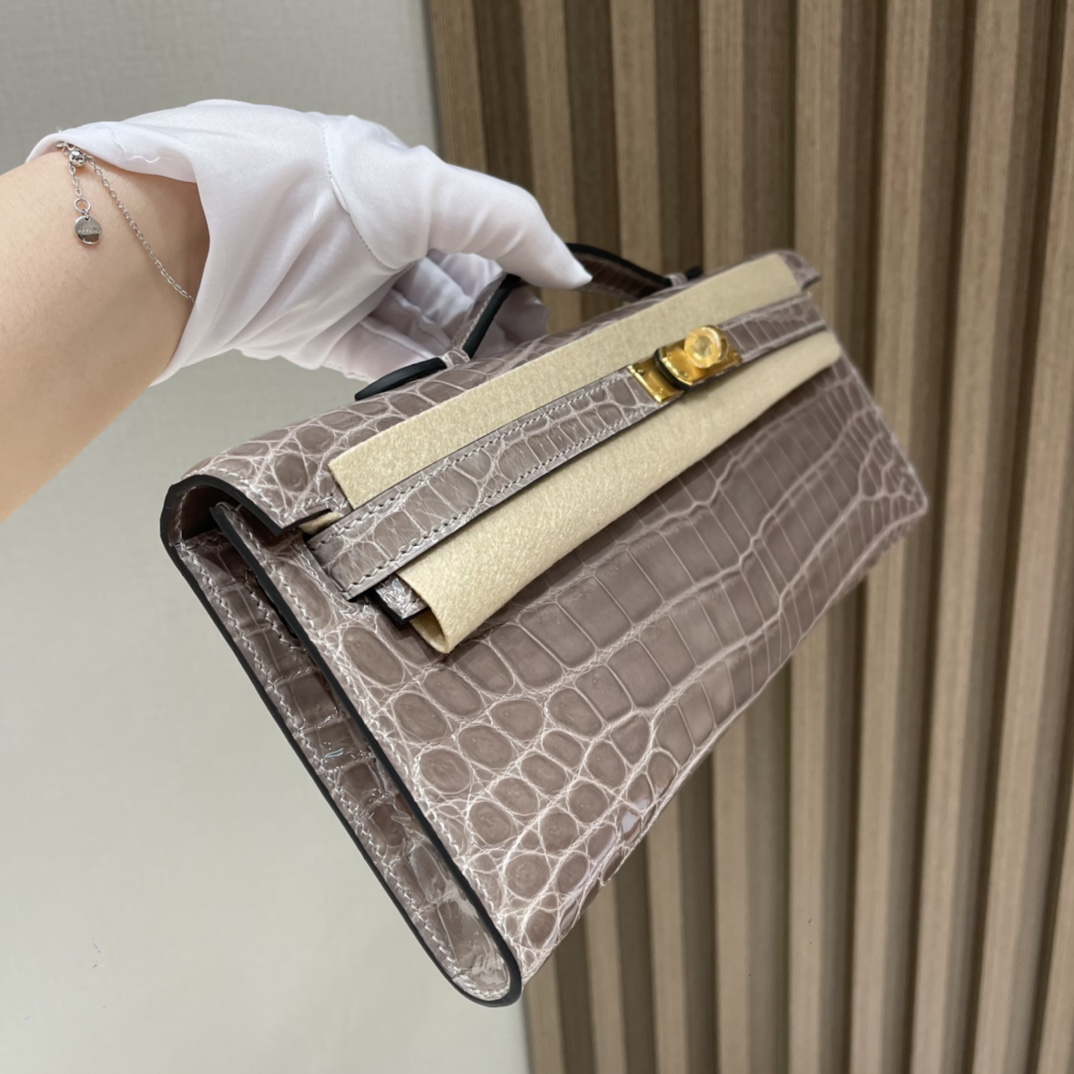 HERMES 爱马仕 Kelly Cut 31cm 尼罗鳄Niloticus 亮面 刻两点•• 81 斑鸠灰Gris Tourterelle 进口蜜蜡线 全手工制作