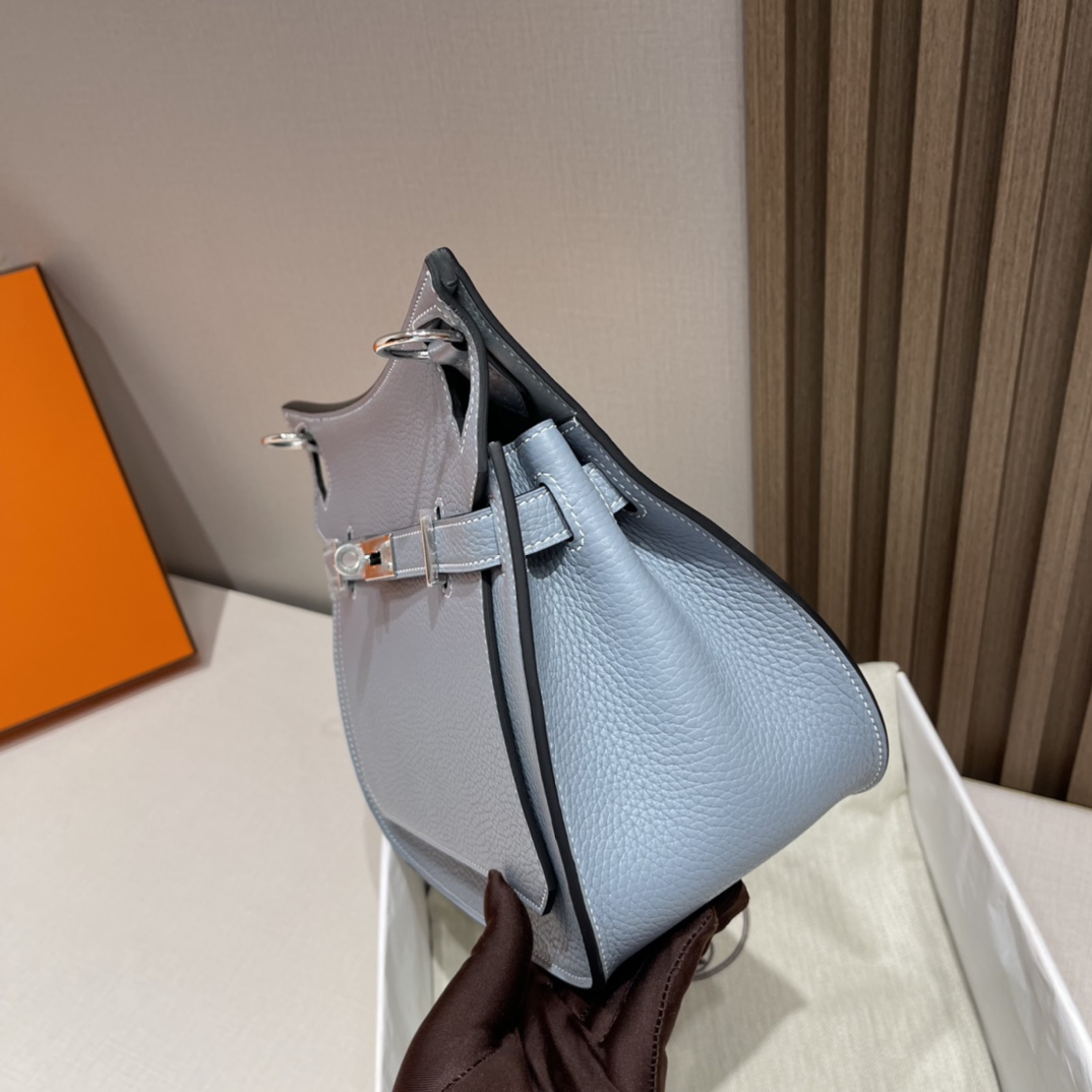 HERMES 爱马仕 Jypsiere吉普赛 28cm Clemence皮 J7 Bleu Un亚麻蓝 进口蜜蜡线 全手工制作