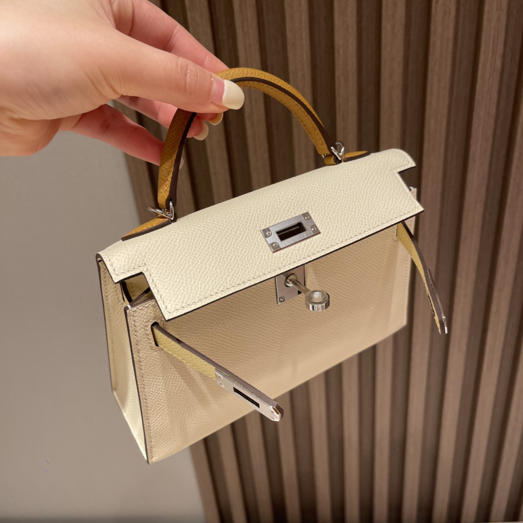 HERMES 爱马仕 Mini Kelly 二代 Epsom皮 i2 奶油白/2S 芝麻色/1Z 小鸡黄 三拼色 进口蜜蜡线 全手工制作