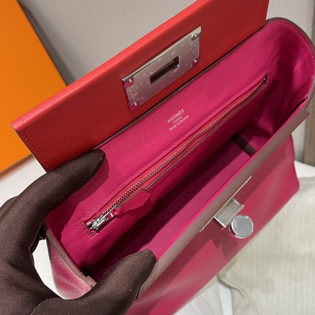 HERMES 爱马仕 Kelly2424 mini Evercolor/swift 0D 玫瑰墨西哥粉Rose Mexico/S3 心红Rouge de Coeur 进口蜜蜡线 全手工制作