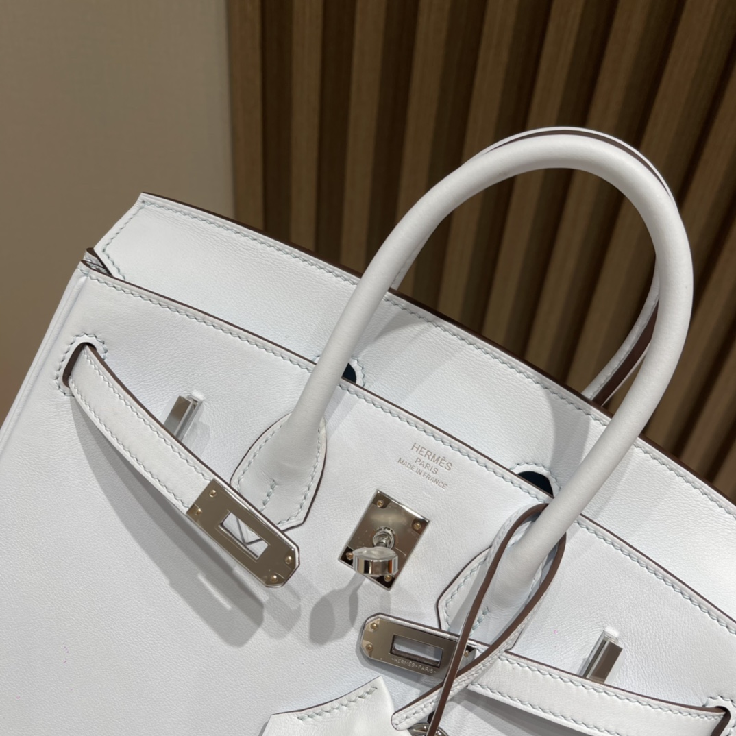 HERMES 爱马仕 Birkin 25cm swift皮 T0 雾蓝色Blue Brume 进口蜜蜡线 全手工制作
