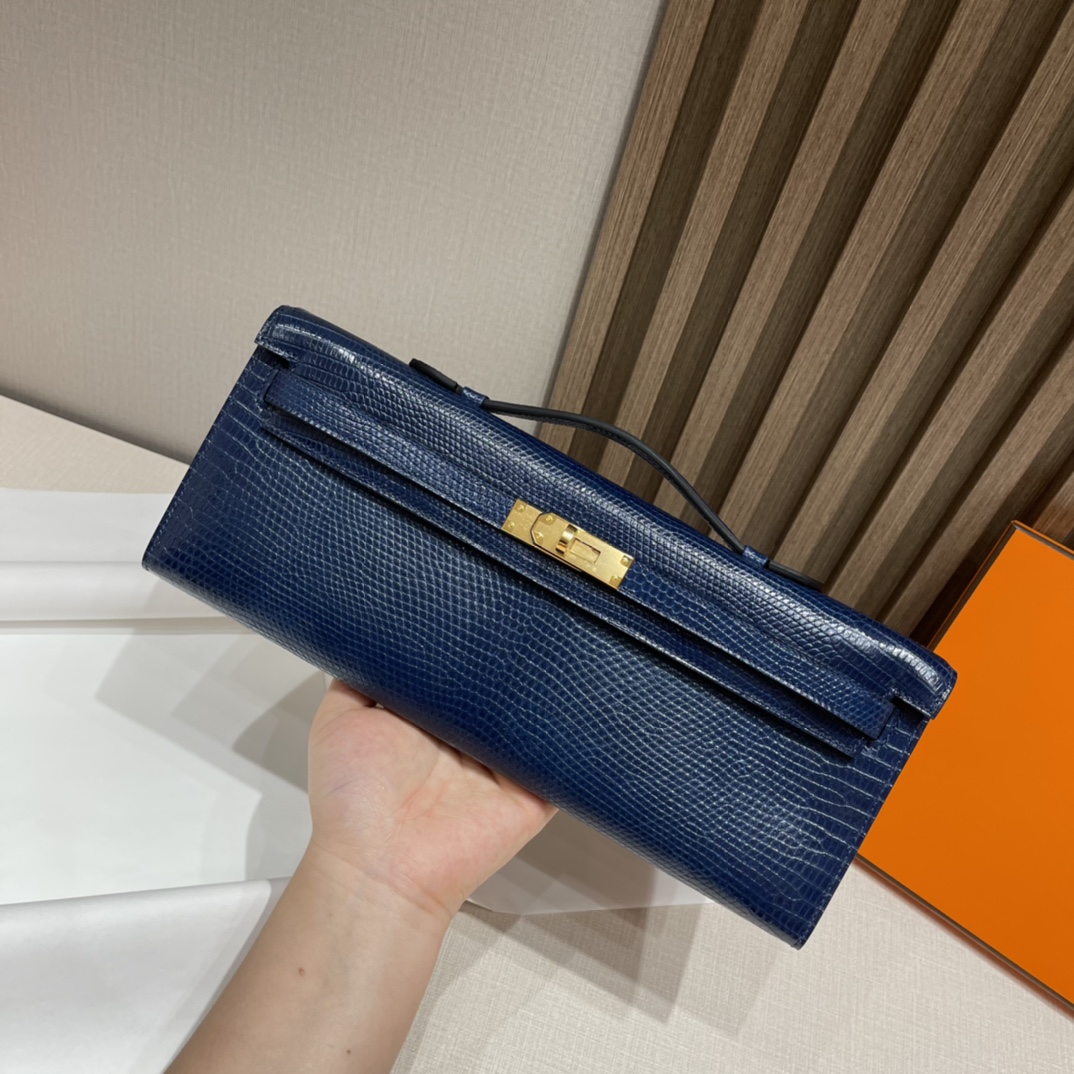 HERMES 爱马仕 Kelly cut 31cm 蜥蜴皮 73 宝石蓝Blue Saphire 进口蜜蜡线 全手工制作