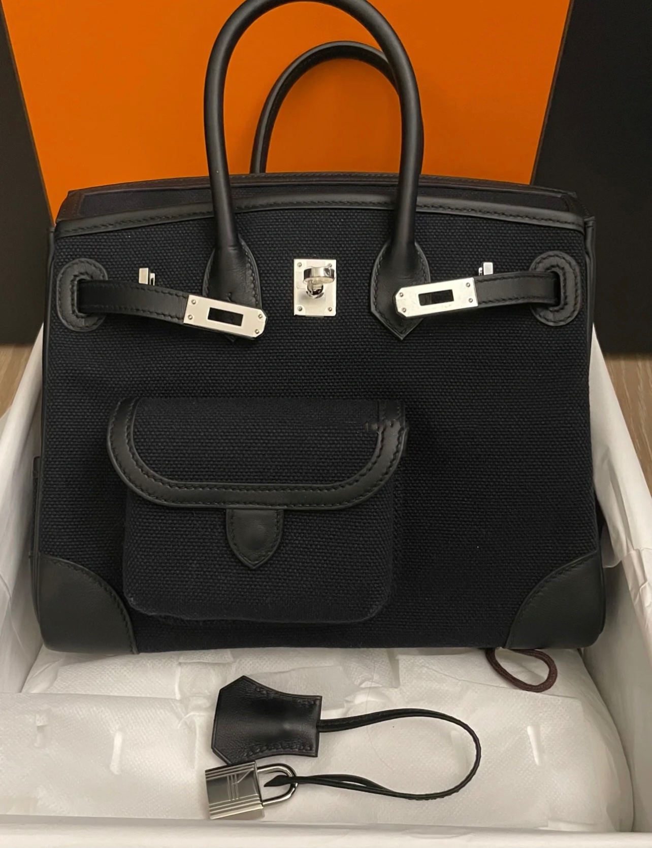 HERMES 爱马仕 Cargo Birkin 25cm 帆布/swift 89 黑色Noir 进口蜜蜡线 全手工制作