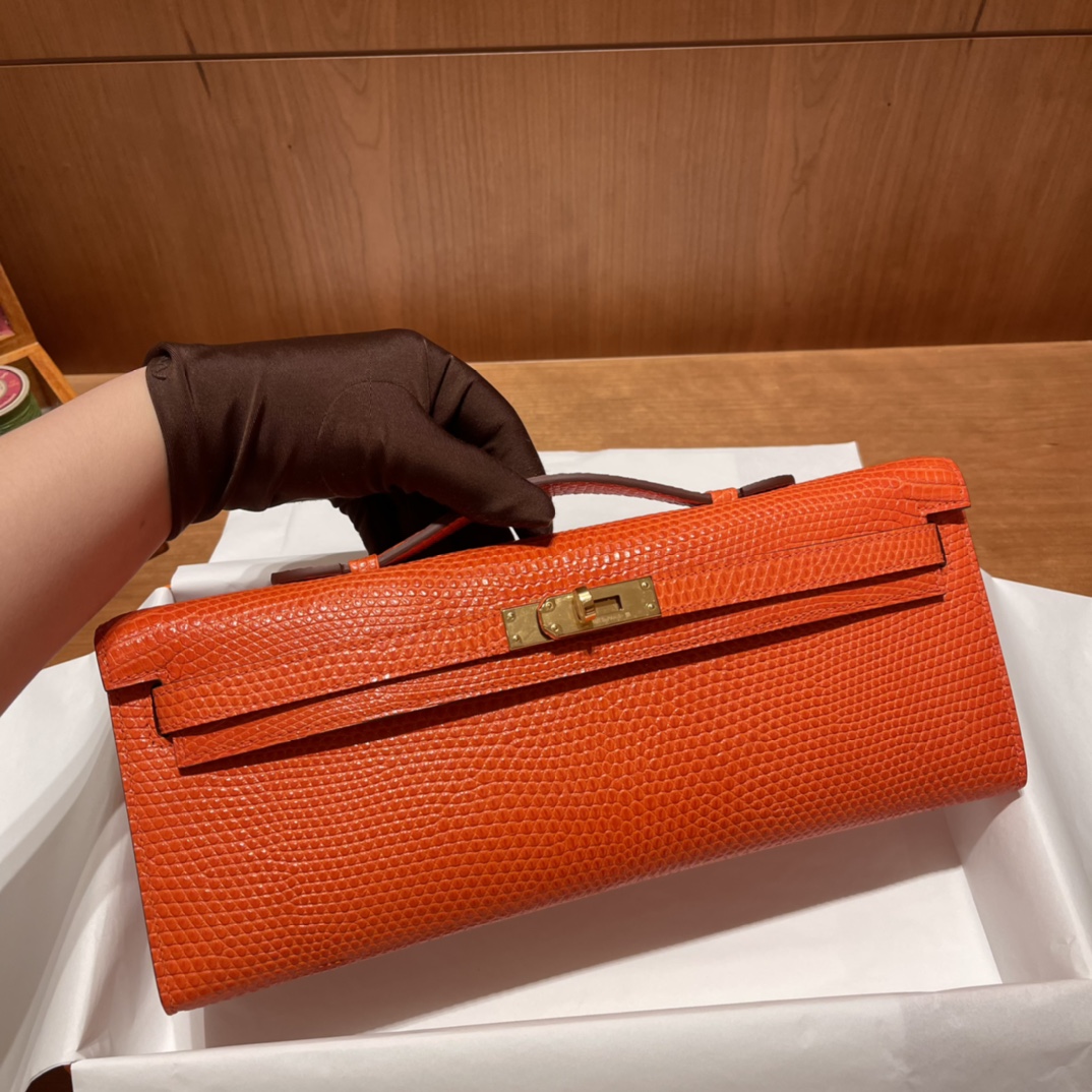 HERMES 爱马仕 Kelly Cut 31cm 蜥蜴皮Lizard 9T 火焰红 进口蜜蜡线 全手工制作