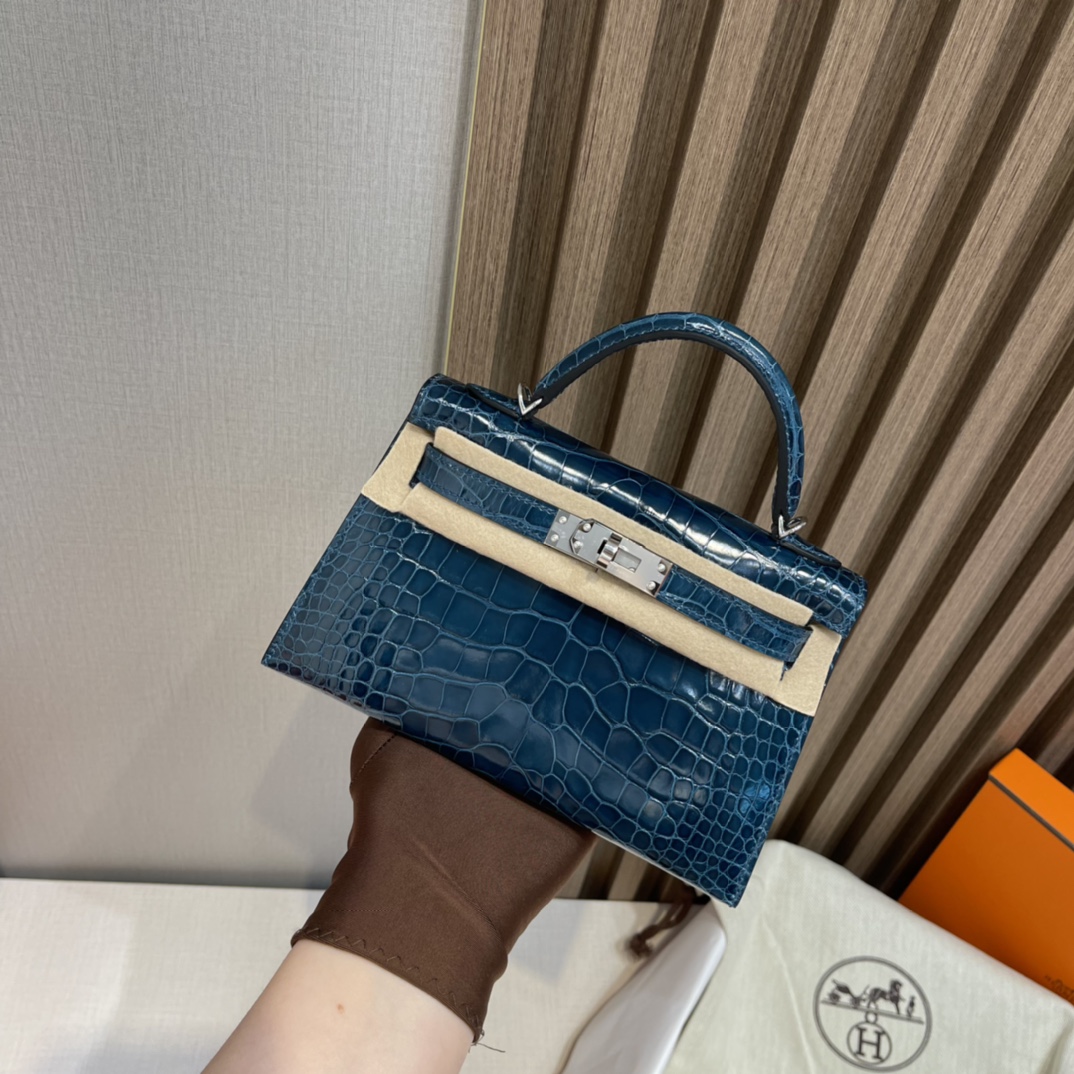 HERMES 爱马仕 Mini Kelly 二代 美洲鳄Alligator 亮面Shiny 方块 W0 博斯普鲁斯绿Vert Bosphore 进口蜜蜡线 全手工制作