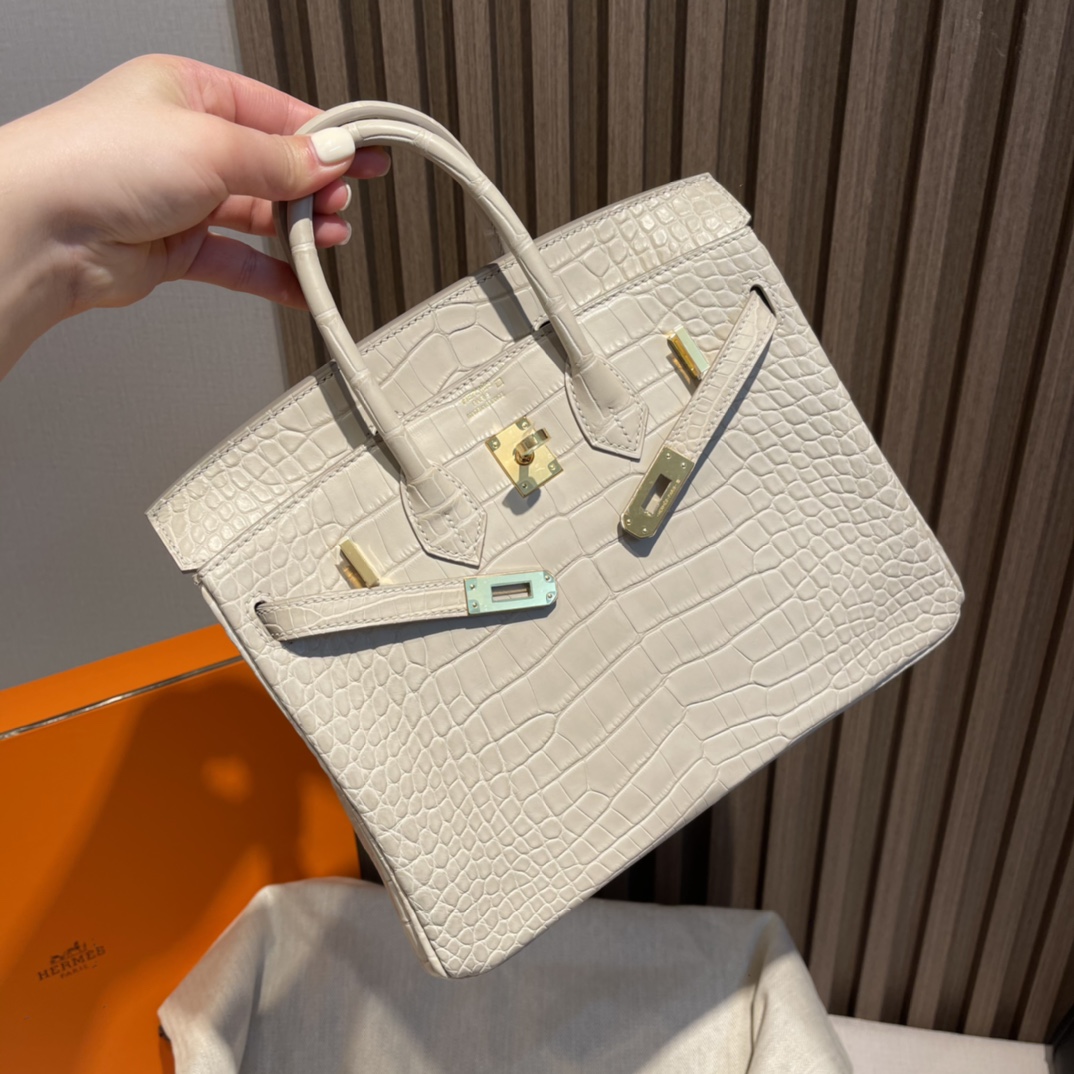 HERMES 爱马仕 Birkin 25cm 美洲鳄Alligator 雾面Matte 刻方块 8L 冰川白Beton 进口蜜蜡线 全手工制作