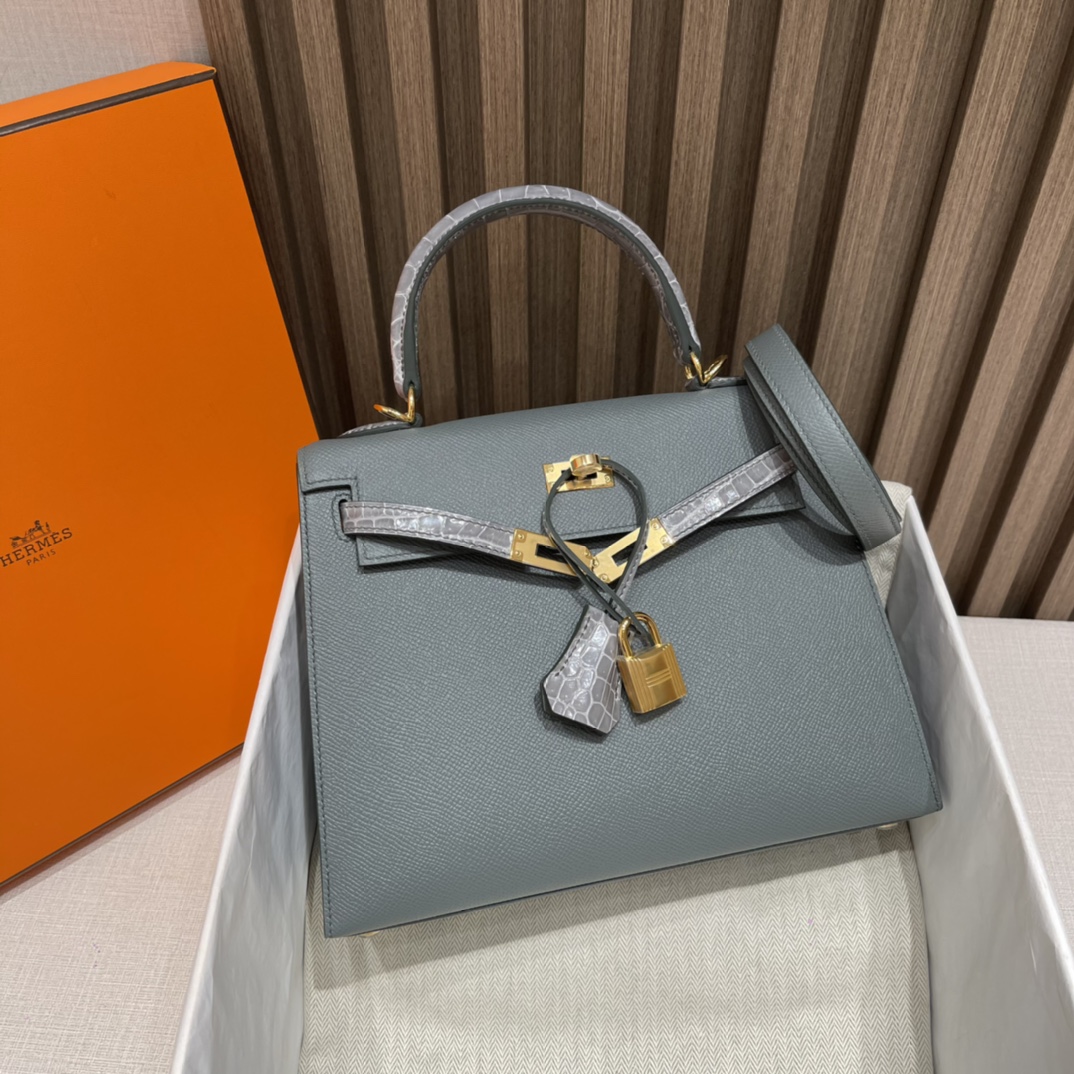 HERMES 爱马仕 Kelly Touch 25cm Epsom皮/亮面尼罗鳄 刻两点•• 74 Bleu Roi蓝灰色  拼鳄鱼又多了一份精致 进口蜜蜡线 全手工制作