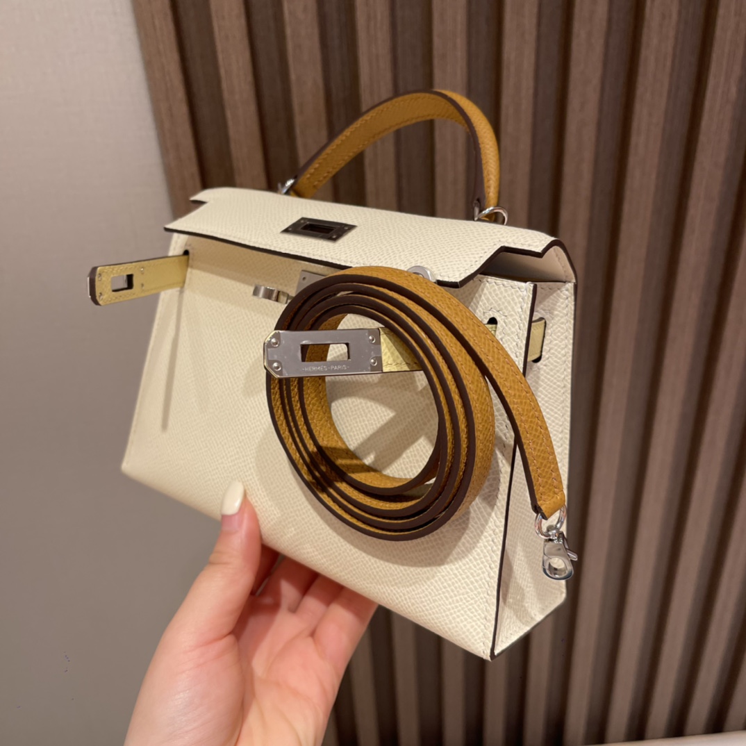 HERMES 爱马仕 Mini Kelly 二代 Epsom皮 i2 奶油白/2S 芝麻色/1Z 小鸡黄 三拼色 进口蜜蜡线 全手工制作