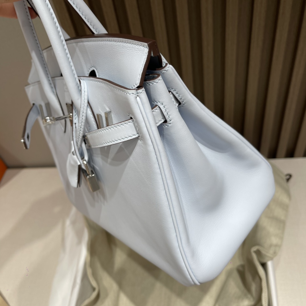 HERMES 爱马仕 Birkin 25cm swift皮 T0 雾蓝色Blue Brume 进口蜜蜡线 全手工制作