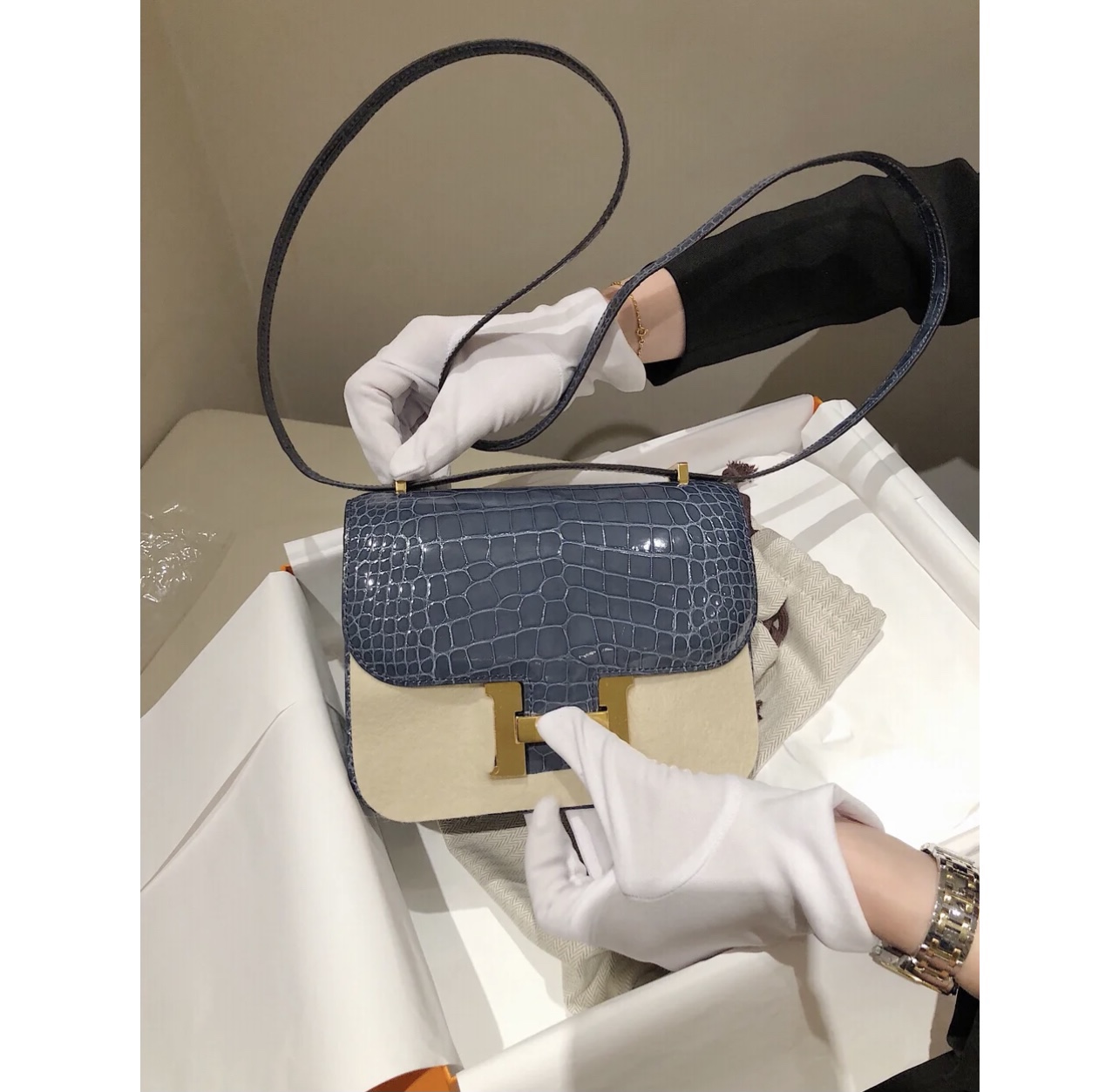 HERMES 爱马仕 N7 Bleu Tempete风暴蓝 特殊渠道鳄鱼皮 