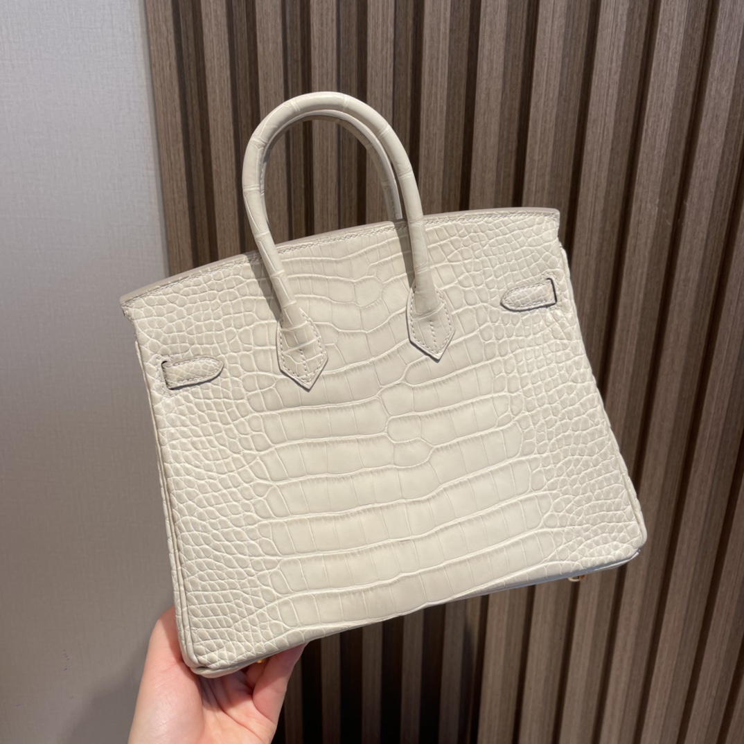 HERMES 爱马仕 Birkin 25cm 美洲鳄Alligator 雾面Matte 刻方块 8L 冰川白Beton 进口蜜蜡线 全手工制作